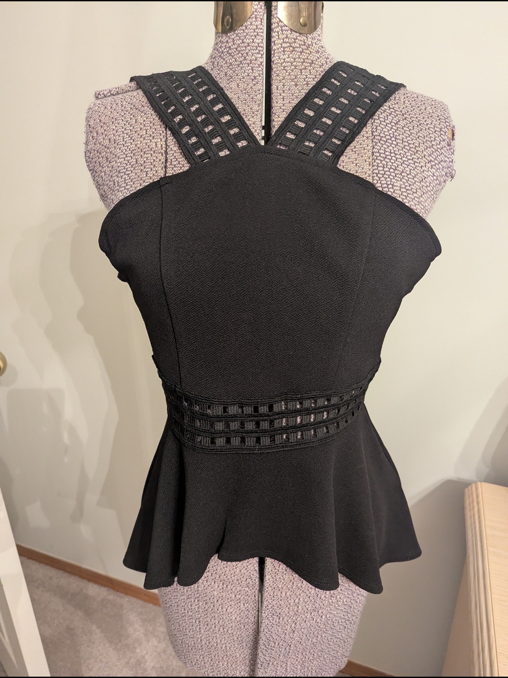 bebe Black Peplum Tank with Lattice Straps